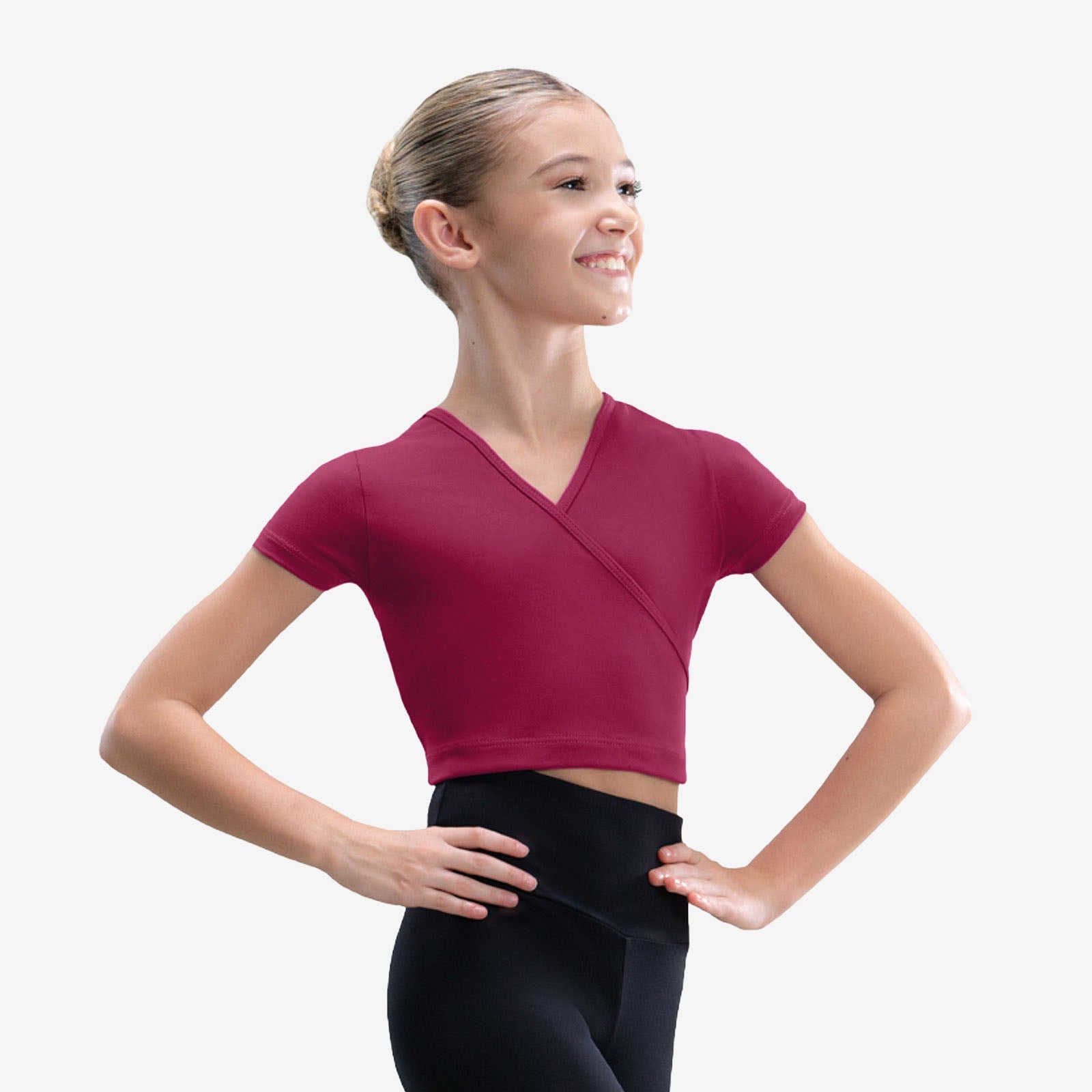 The Ember Kid's Top - SL206, Child Mock Wrap Top with Short Sleeves is part of the Só Dança range of Shirts & Tops. See more details and sizing information here.